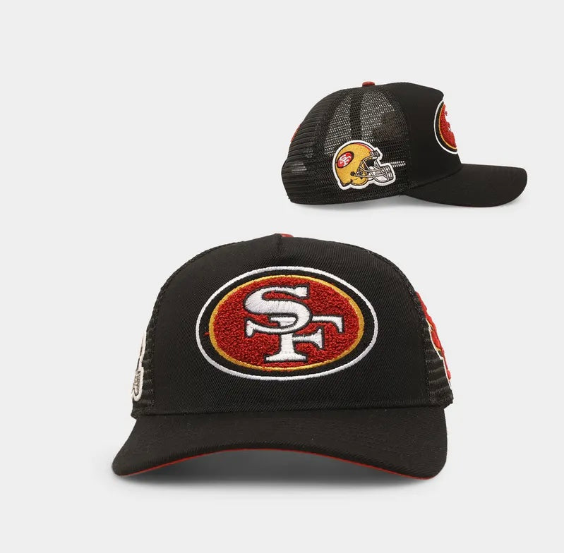 NEW San Francisco 49ers Mash Up Curved Trucker Snapback Black Red UV