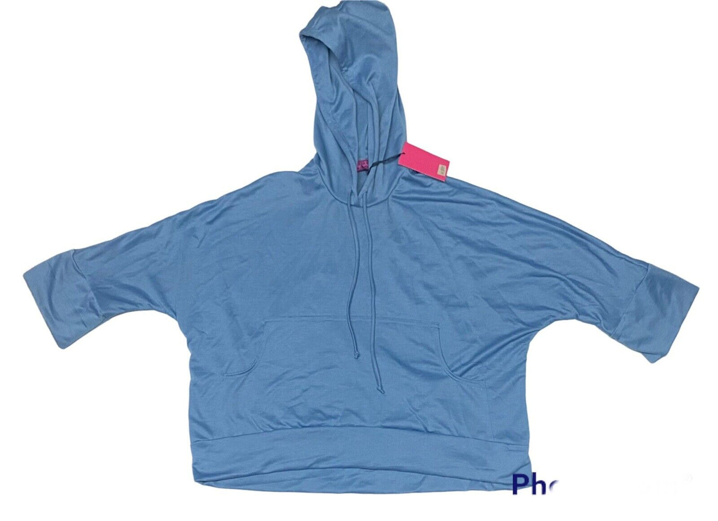 Melissa Masse Blue Kangaroo Pocket Hoodie Dropped Shoulders 3/4 Sleeves