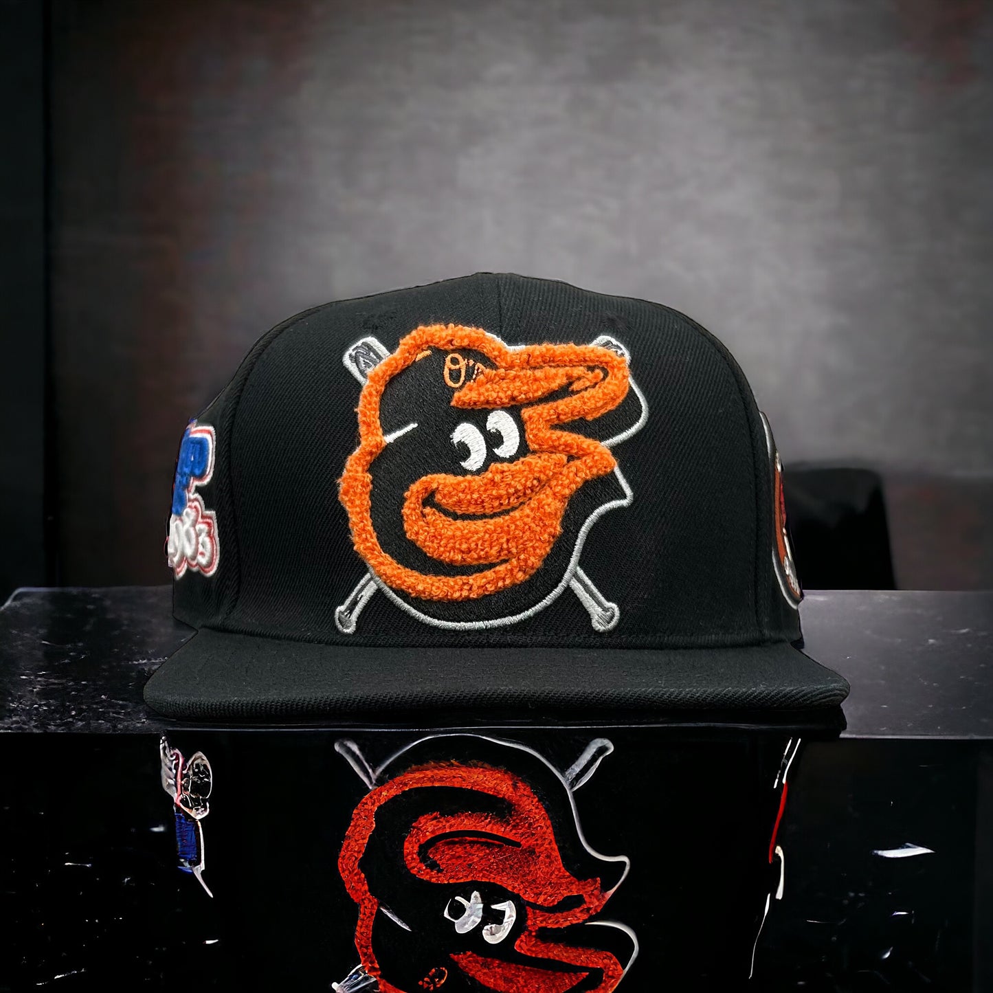 New Baltimore Orioles PRO STANDARD Chenille Logo Black SnapBack Hat Flat Brim