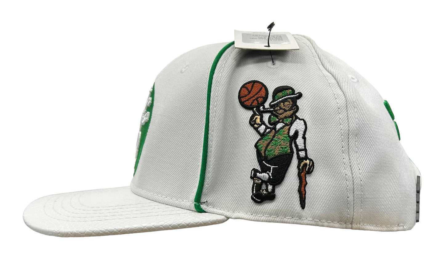 NEW Boston Celtics PRO STANDARD White Leather Brim SnapBack Hat Flat Brim Cap