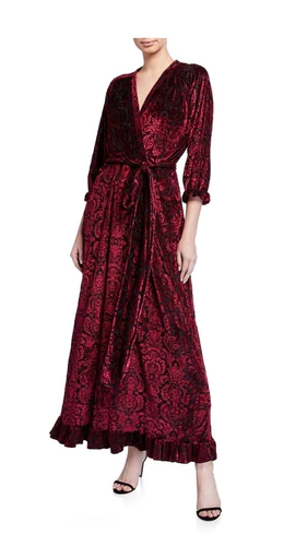 Melissa Masse Tapestry Red Velvet Maxi faux wrap with self belt bottom ruffle he