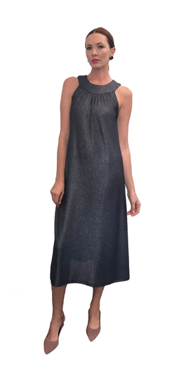 Melissa Masse Classic Bib Neck Midi Dress  Blue lurex sparkle rib jersey Plus Sz