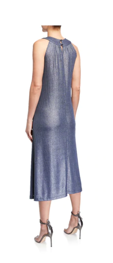 Melissa Masse Classic Bib Neck Midi Dress in blue lurex sparkle rib jersey