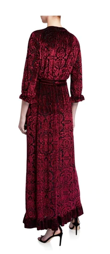 Melissa Masse Tapestry Red Velvet Maxi faux wrap with self belt bottom ruffle he