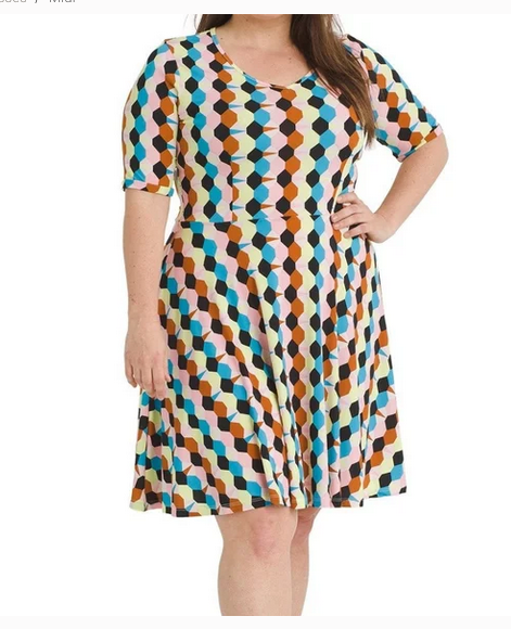 Melissa Masse Summer Dress  Fit & Flare Printed Hexagon Bright Scoop Neck USA