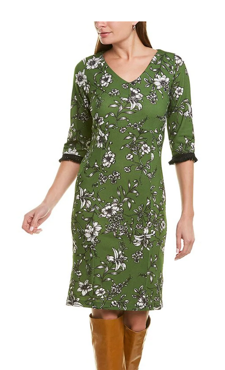 Melissa Masse Green Floral 3/4-Sleeve Fringe Double Stretch Crepe Dress Made USA