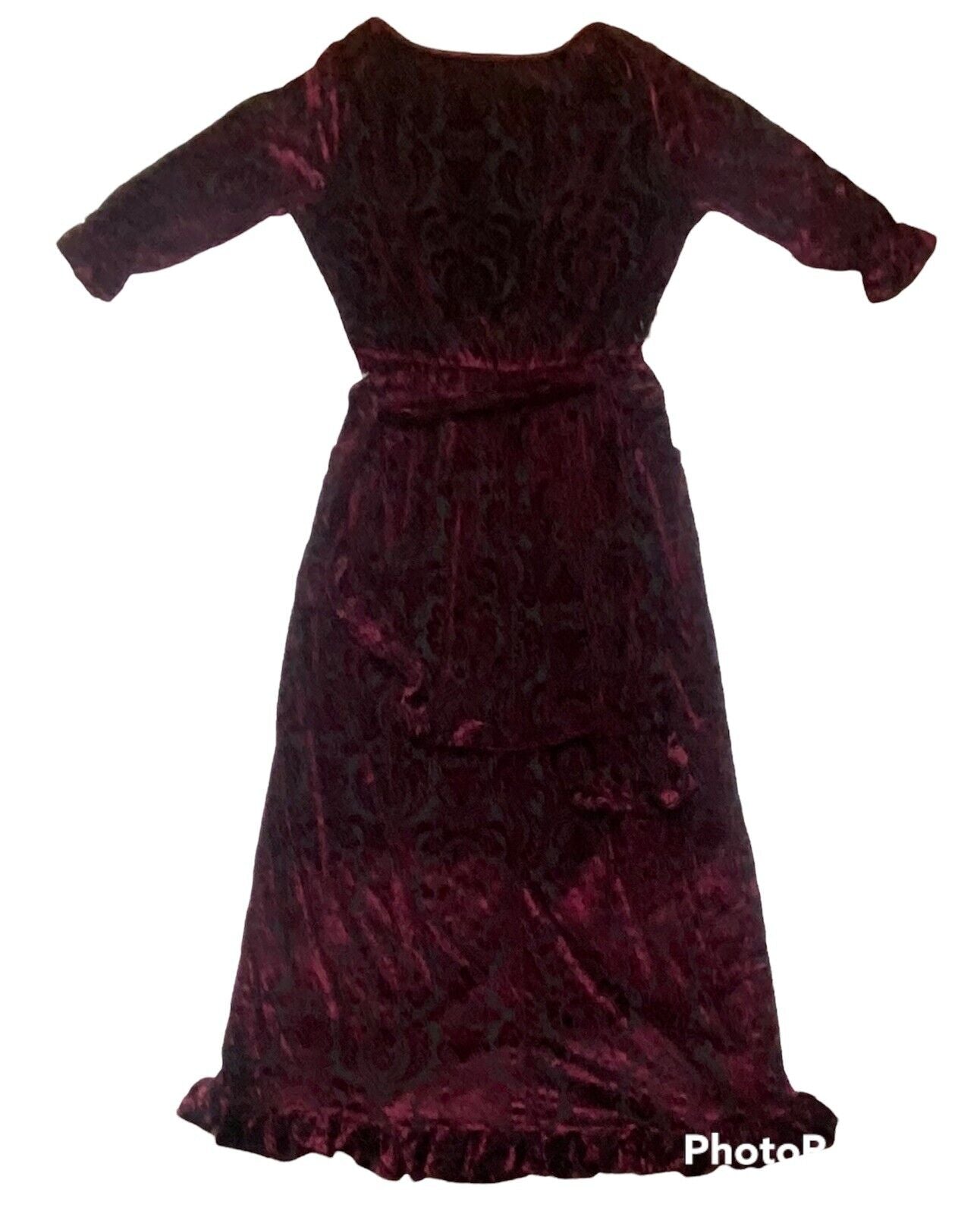 Melissa Masse Tapestry Red Velvet Maxi faux wrap with self belt bottom ruffle he