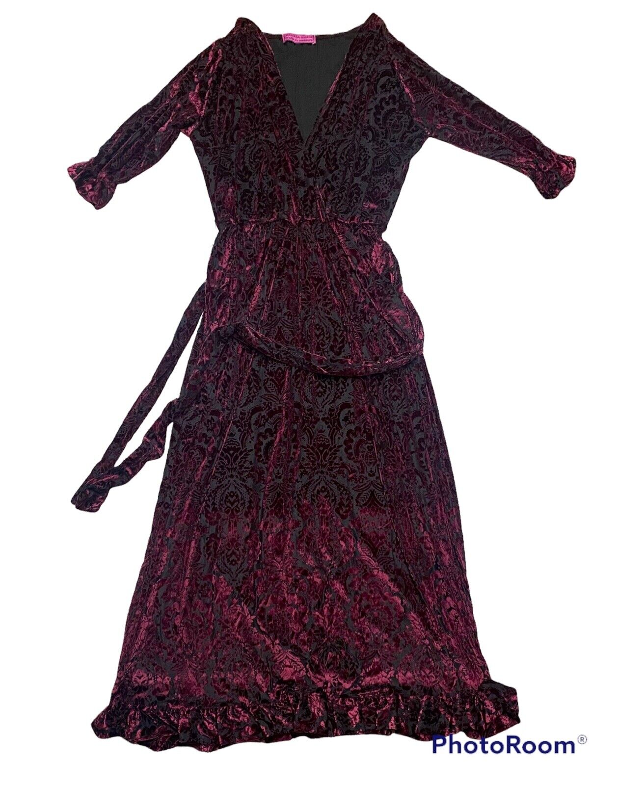 Melissa Masse Tapestry Red Velvet Maxi faux wrap with self belt bottom ruffle he