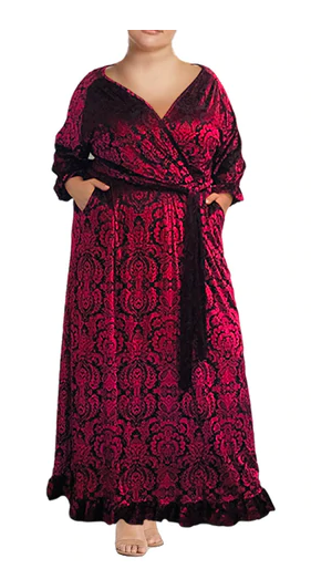 Melissa Masse Tapestry Red Velvet Maxi faux wrap self belt bottom ruffle Plus Sz