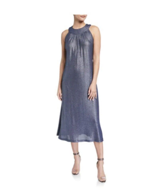 Melissa Masse Classic Bib Neck Midi Dress in blue lurex sparkle rib jersey